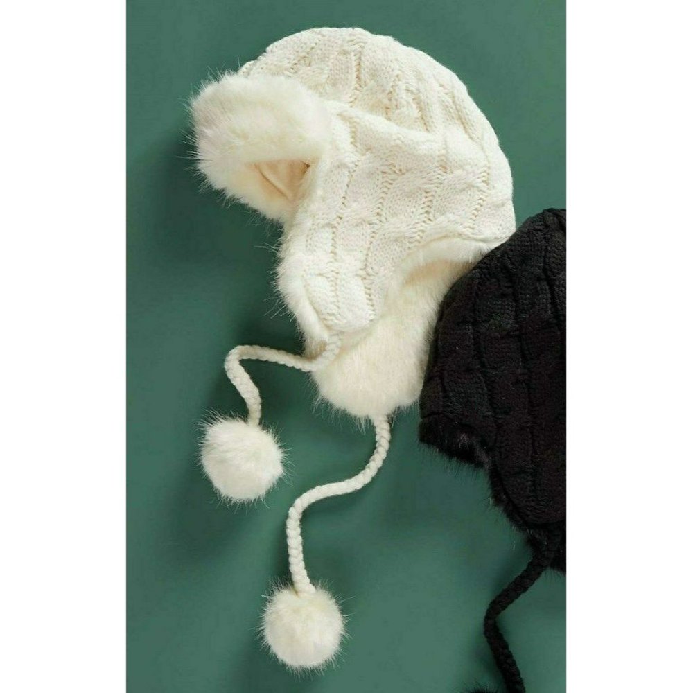 J Jill Trapper Hat Off-White Cable Knit Faux Fur NEW Pom Poms Ties One S…